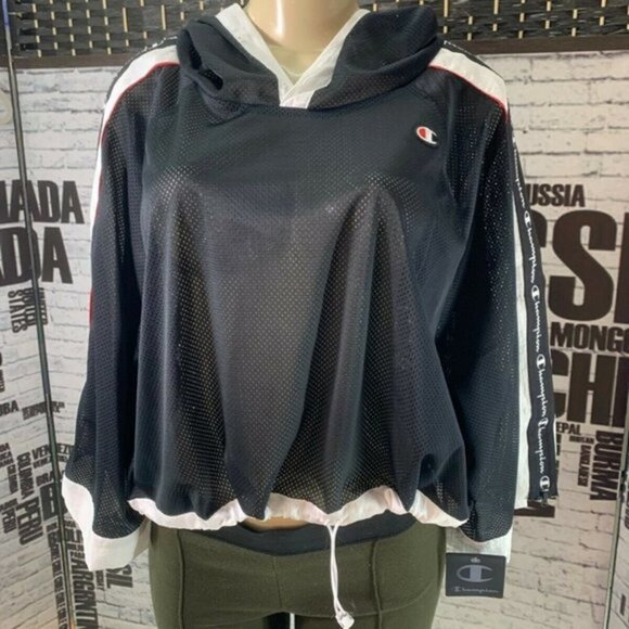 Champion XL Black Mesh Logo Drawcord Hemline 3/4 Zip Sleeve Crop Hoodie - Picture 1 of 5